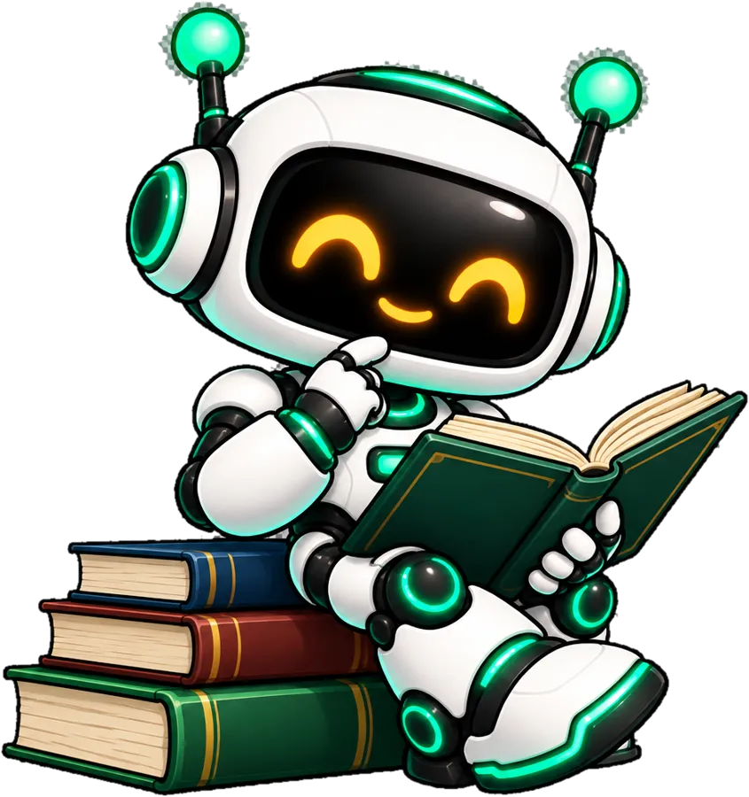 CuotaBot, la mascota del proyecto, leyendo un libro sobre una pila de libros