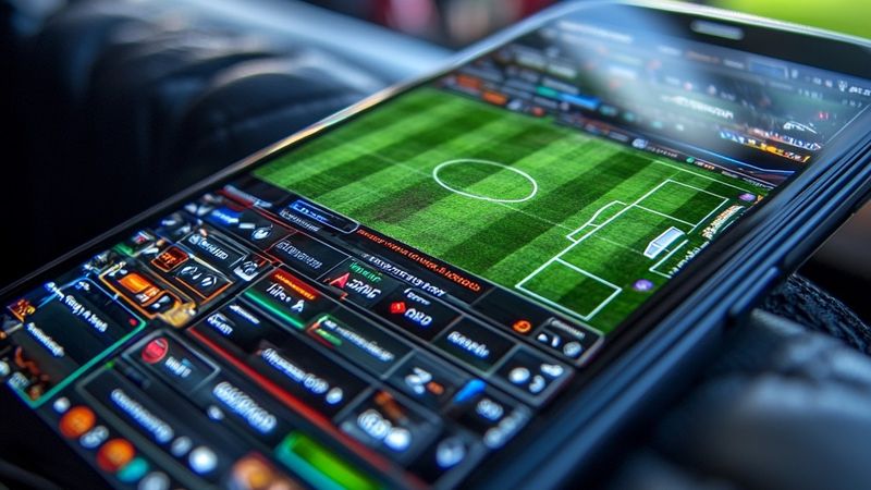 Smartphone con una aplicación de apuestas deportivas sobre la grada de un estadio de fútbol